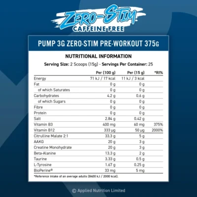 Pump 3G Zero Stim - Caffeine Free Pre-Workout 375g